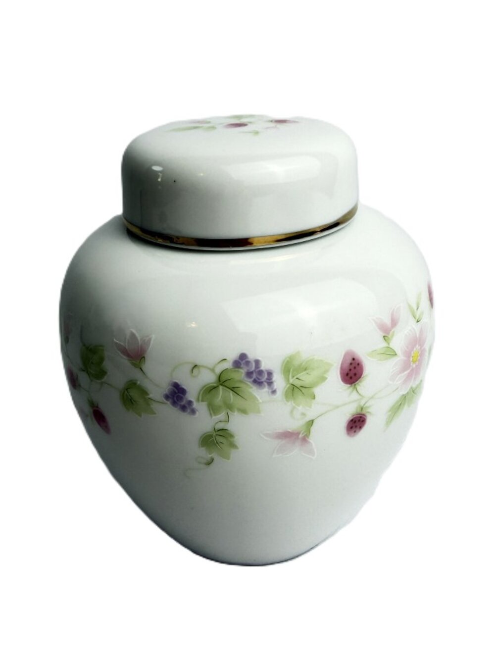 Porcelain Vintage Ginger Jar Floral & Fruit Design Japanese Lidded Jar 4 3/4"